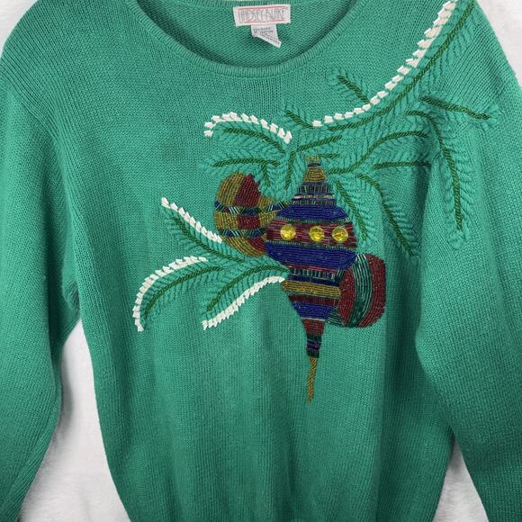 Vintage Lindsey Blake Christmas Sweater Embroidered Beaded Sz M Ornaments - Picture 3 of 12